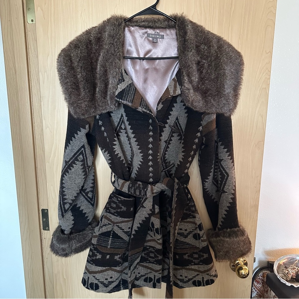 Urban Outfitters Brown Patterned Coat with Faux Fur Trim